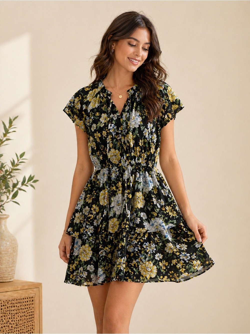 Love Ady Black Floral Mini Dress NWOT Ruffle Tiered Short Sleeve M